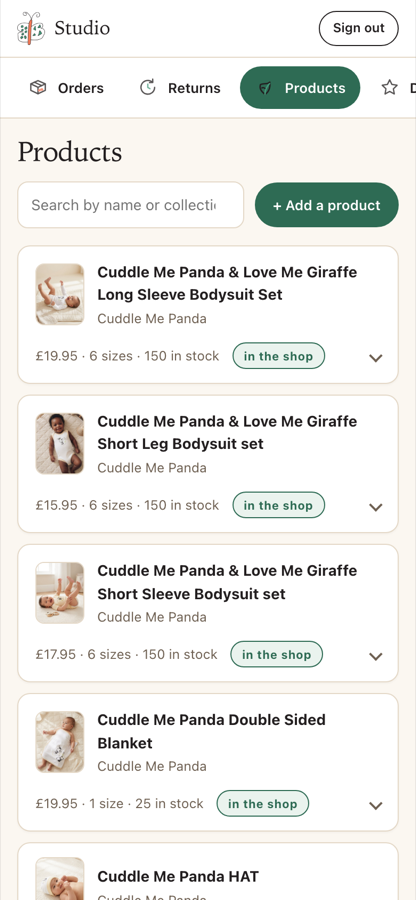My Baby Cuddles Studio — the owner's app, editing products from a phone