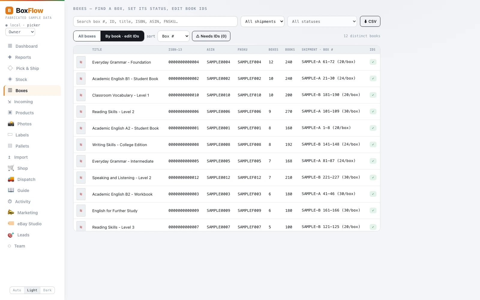 BoxFlow warehouse interface showing sample stock and preparation information