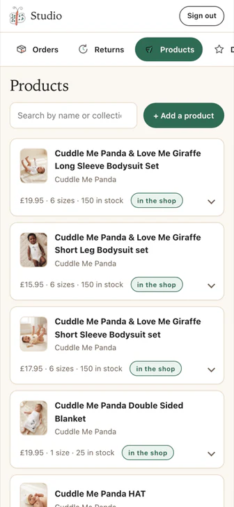 My Baby Cuddles Studio — the owner's app, editing products from a phone