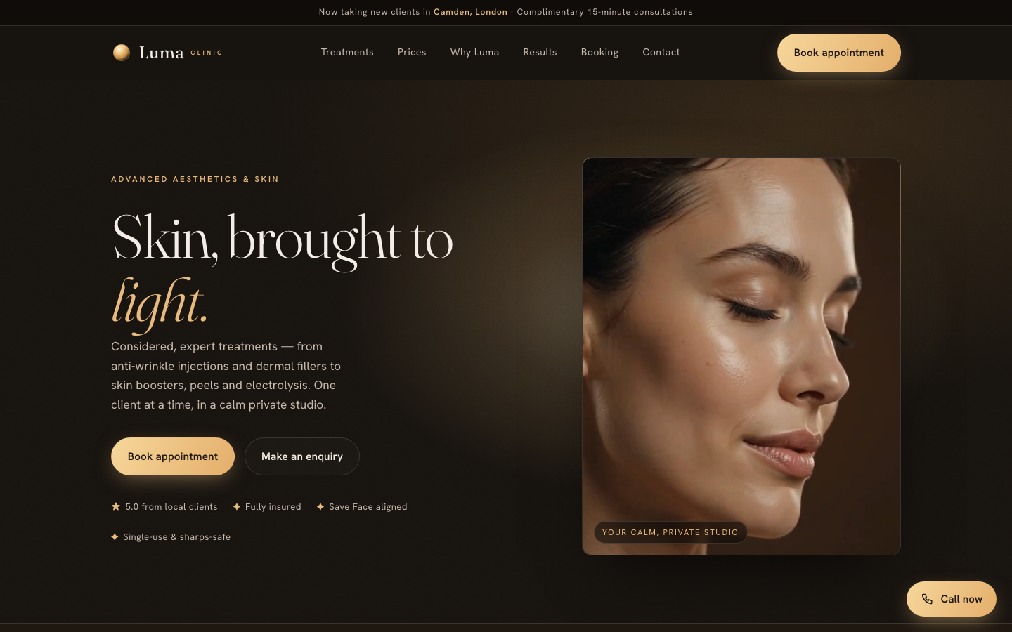 Luma Clinic aesthetics website homepage