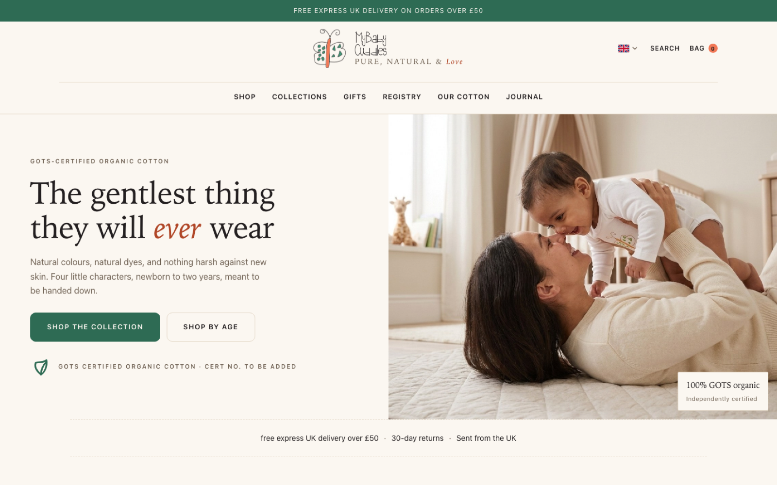 My Baby Cuddles organic babywear shop homepage