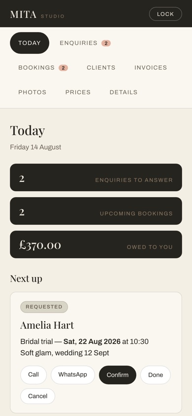 The MITA Studio owner app showing today's bookings, enquiries and the balance owed