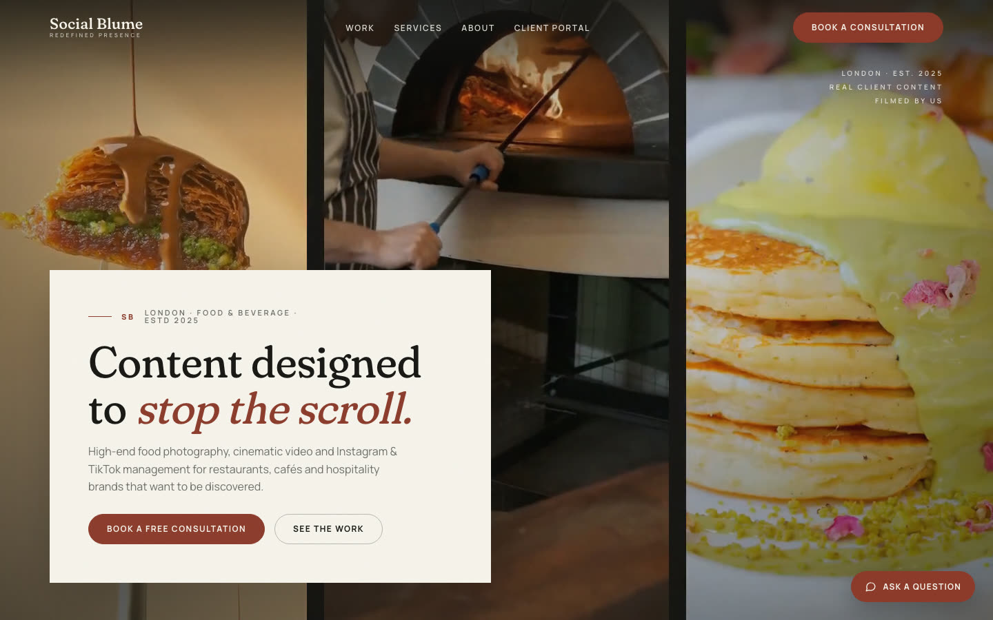 Social Blume food and beverage agency website homepage with cinematic video hero